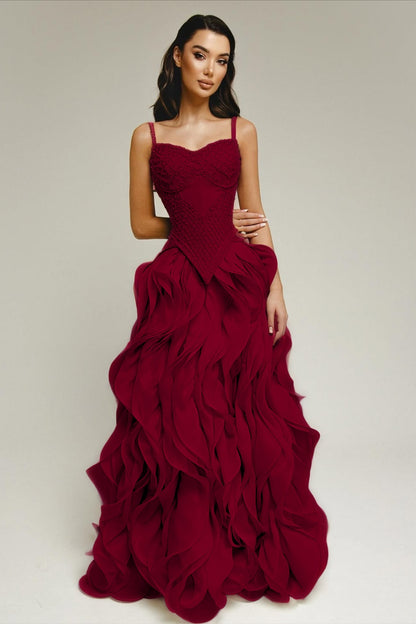 Sleeveless Exquisite Beaded Bustier Prom Dress with Cascading 3D Ruffles