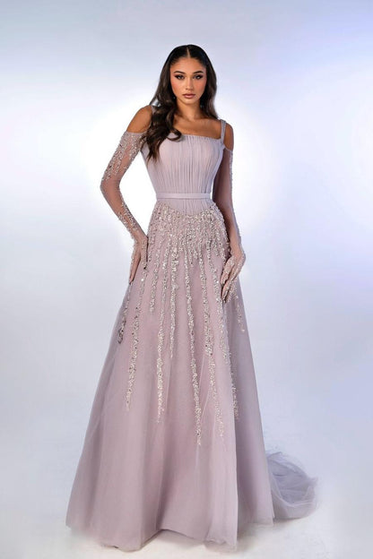 Charming Lilac Chiffon Spaghtti Strap Long Sleeves Prom Dress with Sequins