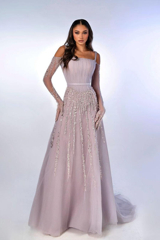 Charming Lilac Chiffon Spaghtti Strap Long Sleeves Prom Dress with Sequins