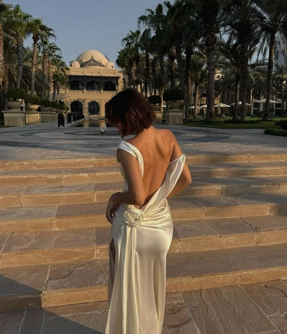 Elegant Ivory Backless Sheath Satin Long Party Dress Light Wedding Dress, D500