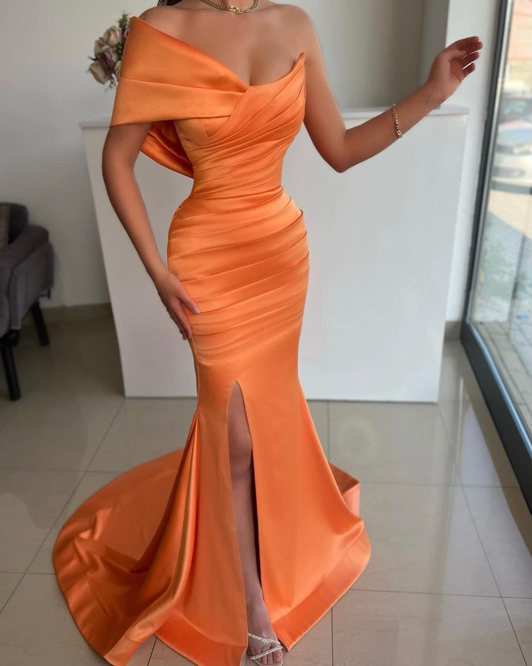 Lively Orange Pleated Off The Shoulder Sheath Long Prom Dress