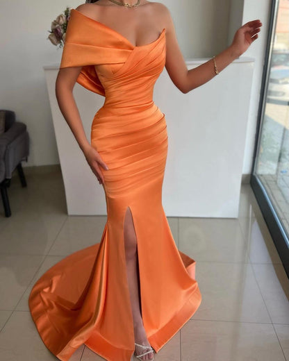 Lively Orange Pleated Off The Shoulder Sheath Long Prom Dress