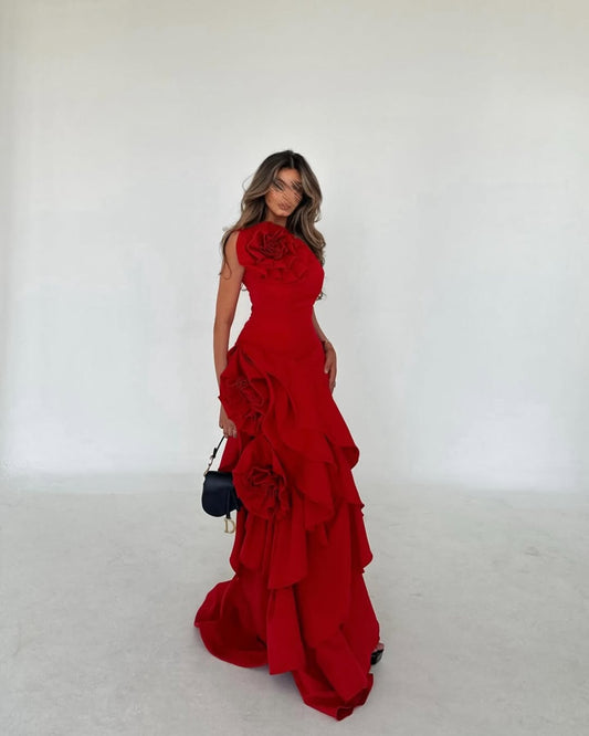 Red Stunning Sleeveless Mermaid Ruffles Evening Dress With Flower