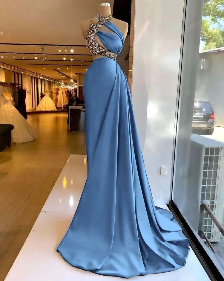 Satin Stunning Beading Sleeveless Long Prom Dress with Ruffle