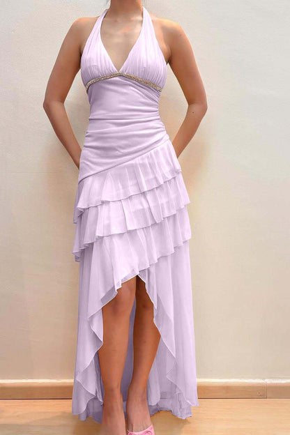 Halter V-Neck Sleeveless Long Evening Dress With Pleated Beading