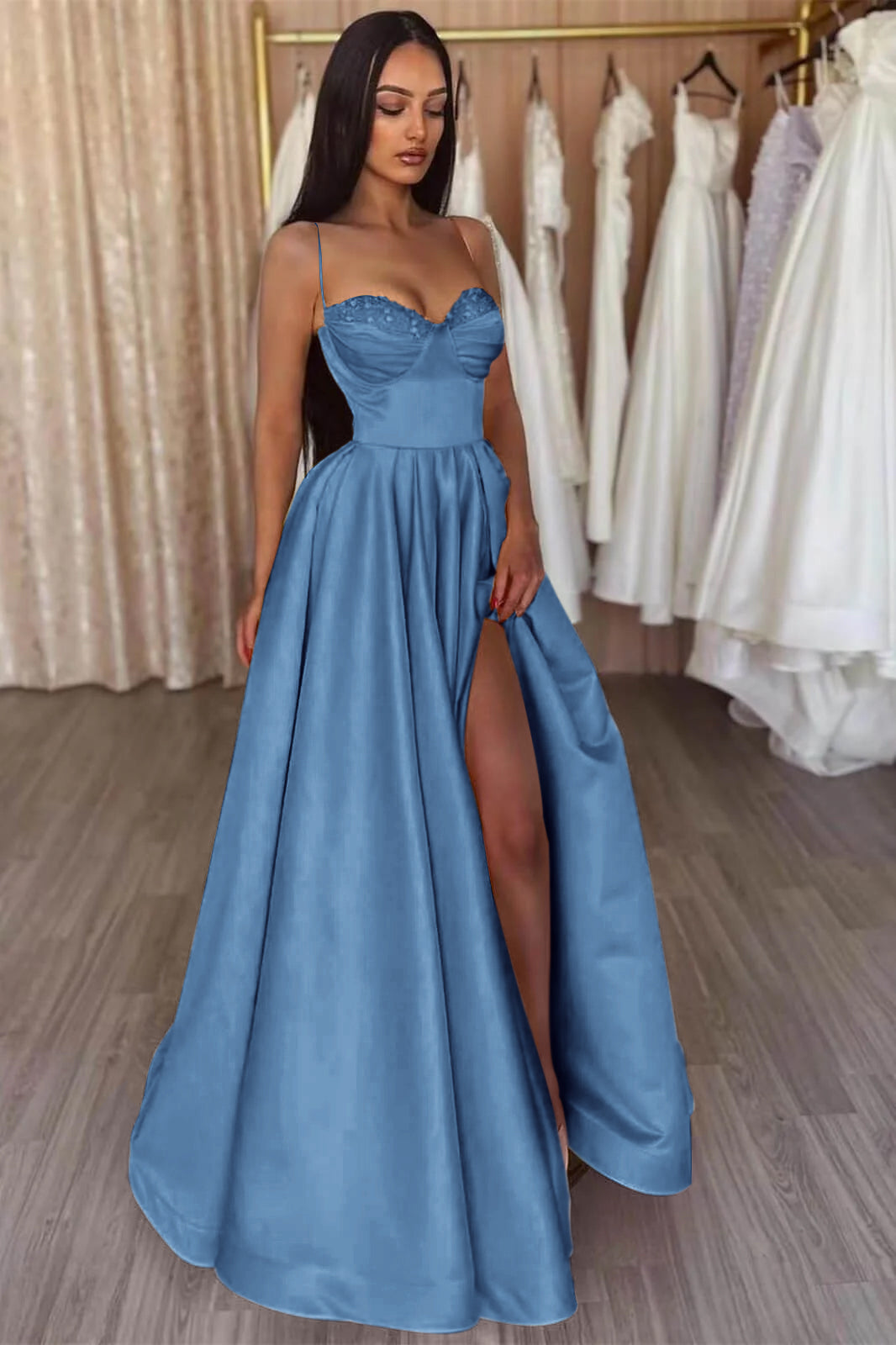 Yellow Slit Evening Dress A Line With Spaghetti-Straps