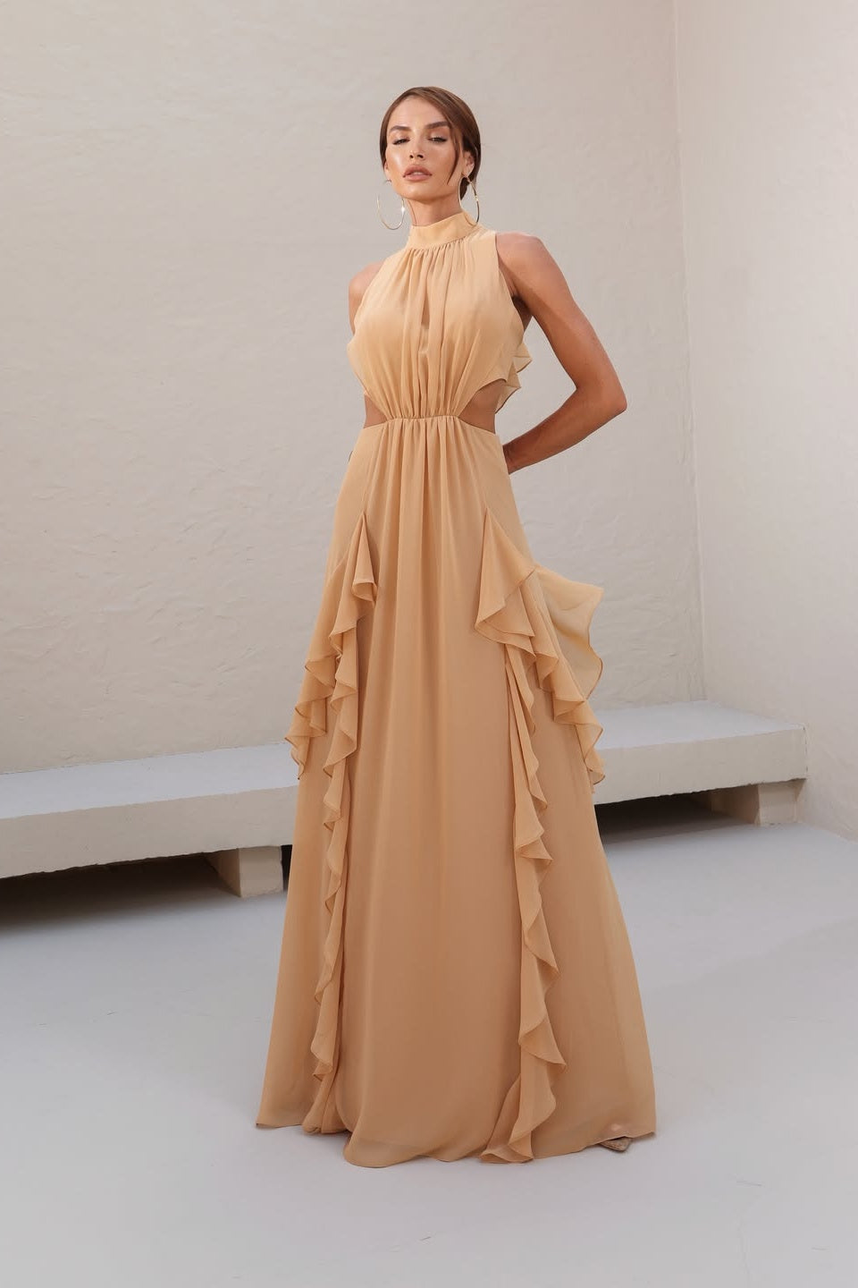 Sleeveless High Neck Chiffon Evening Dress With Ruffles