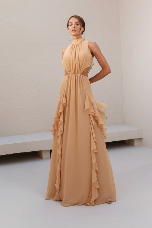 Sleeveless High Neck Chiffon Evening Dress With Ruffles