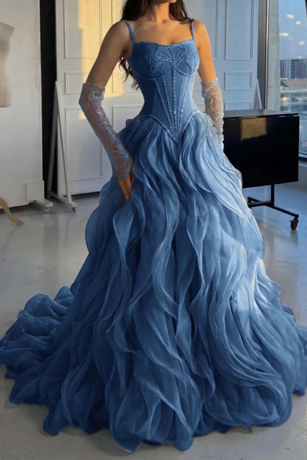 Stunning Silver Straps Formal Evening Dress Sleeveless Beading with Ruffles