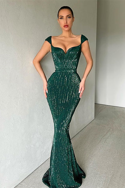 Cap Sleeves Long Mermaid Sequins Prom Dress