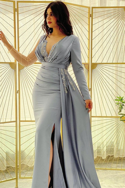Mermaid Long Sleeves Prom Dress Slit With Ruffle
