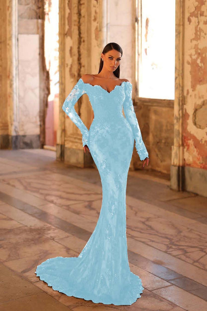 Elegant Black Lace Long Sleeves Off the Shoulder Mermaid Long Prom Dress with Beadings