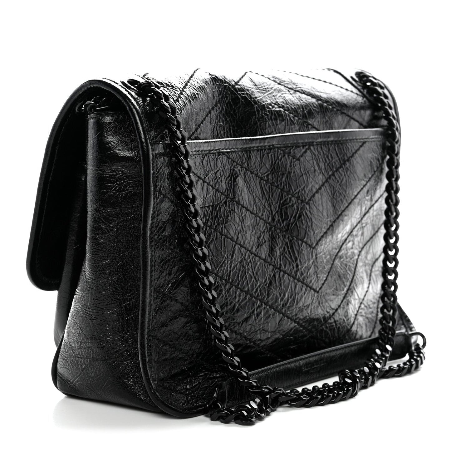 Crinkled Calfskin Matelasse Monogram Medium Niki Chain Satchel Black