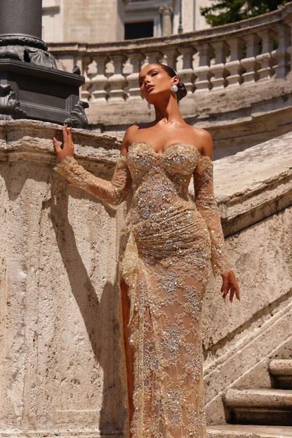 Champagne Lace Strapless Split Prom Dress With Long Sleeves