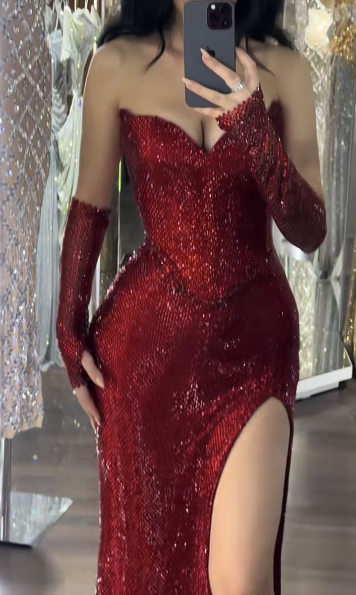 Charming Red Strapless Mermaid Split Sexy Long Evening Party Dress, D591