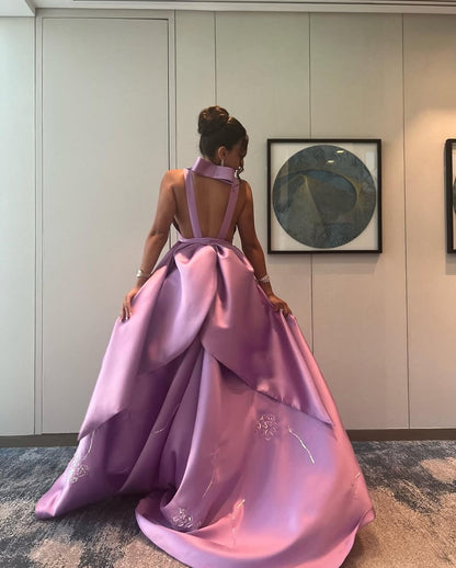 Gorgeous Purple Satin Sleeveless Jewel Neck Long Bow Prom Dress with Train