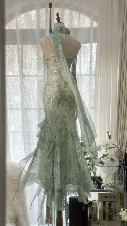 Elegant Light Green Sparkling Beaded Spaghetti Strap Romantic Chiffon Evening Dress Prom Dresses D1465