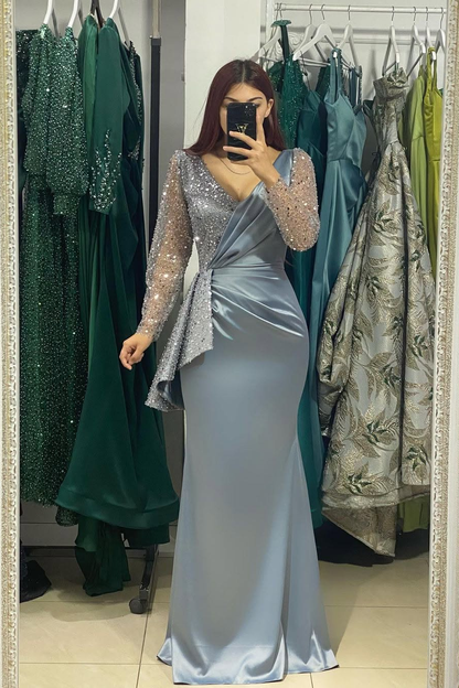 Long Sleeves V-Neck Mermaid Pleated Sequins Prom Dress