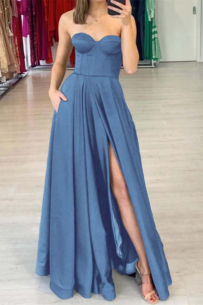 Sweetheart Prom Dress Black Slit With Pockets