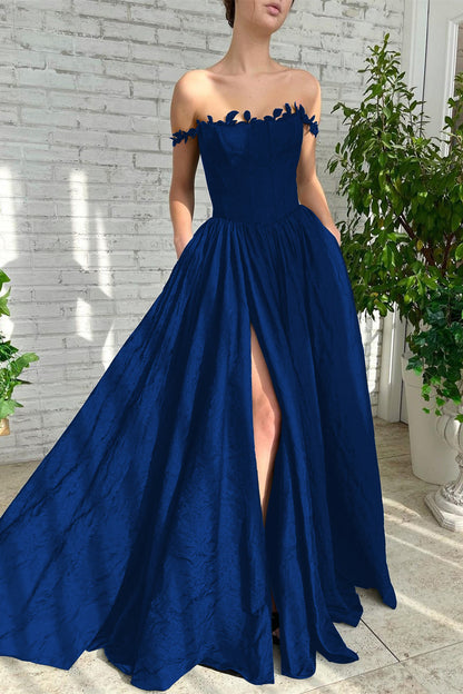 Black A Line Off-The-Shoulder Evening Dress Sleeveless Lace Side Split