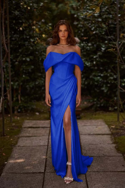 White Off-the-Shoulder Long Prom Dress Split with hand sleeve