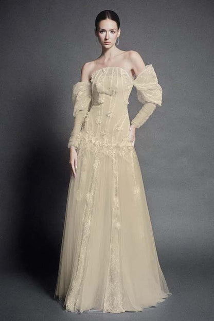 White Strapless Off-the-Shoulder A Line Evening Dress with Appliques