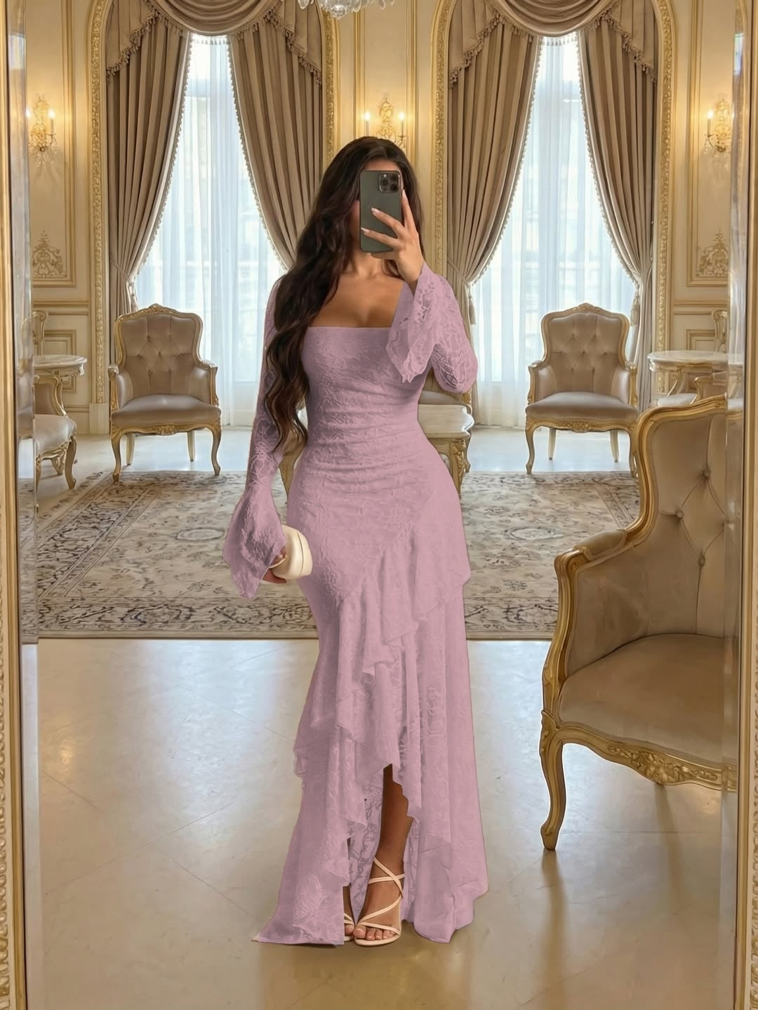 Elegant Cream Square Long Sleeves Ruffles Lace Evening Dress