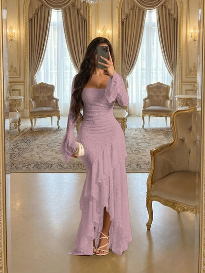 Elegant Cream Square Long Sleeves Ruffles Lace Evening Dress