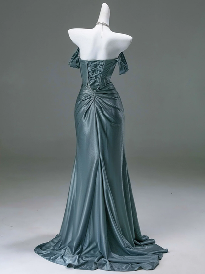 Elegant Off Shoulder Mermaid Satin Long Party Dress Formal Birdesmaid Dress, D638