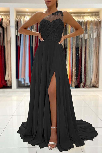 Glamorous One Shoulder Lace Appliques Prom Dress Front Slit