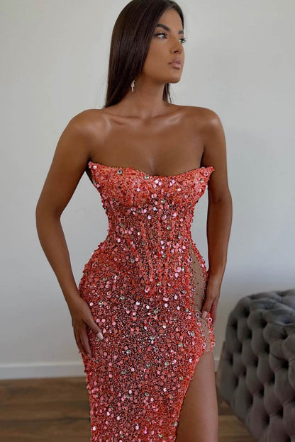 Gorgeous Sequins Mermaid Sweetheart Prom Dress Slit With Sleeveless Orange
