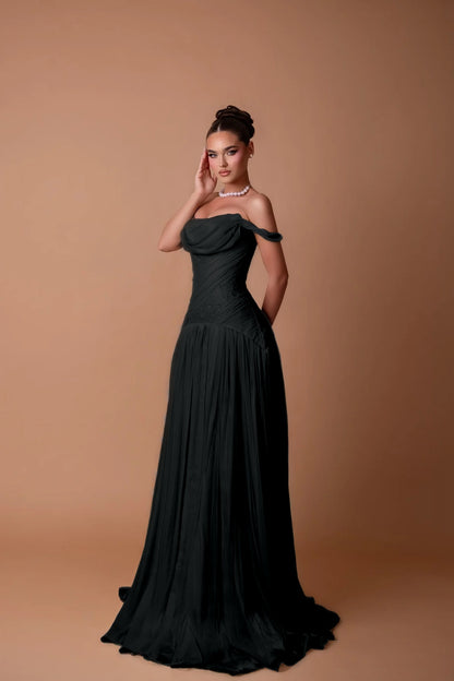 Charming White Off-the-Shoulder A-Line Evening Dress in Chiffon Pleated