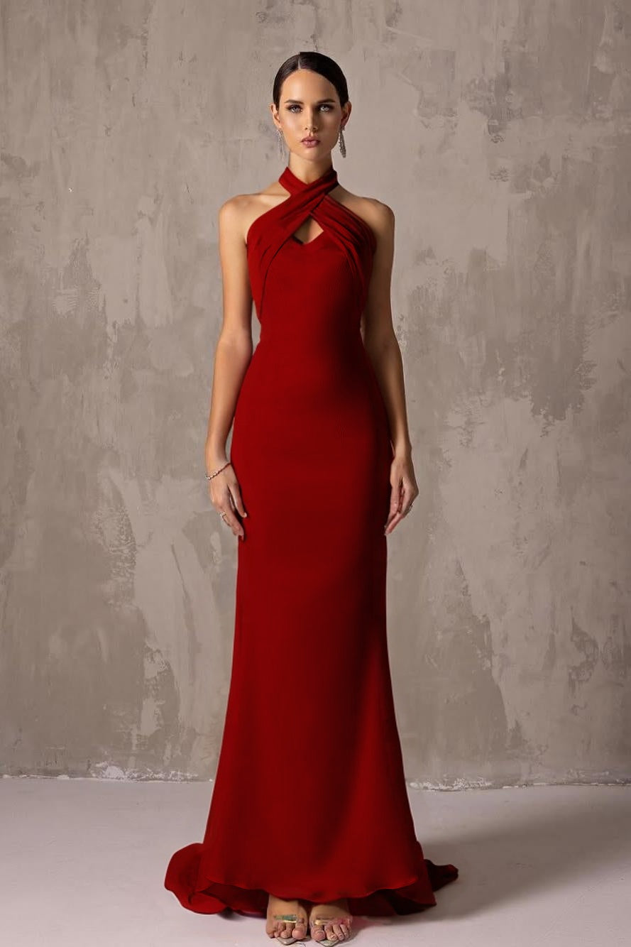 Elegant Blushing Pink Satin Halter Sleeveless Long Prom Dress with Pleated