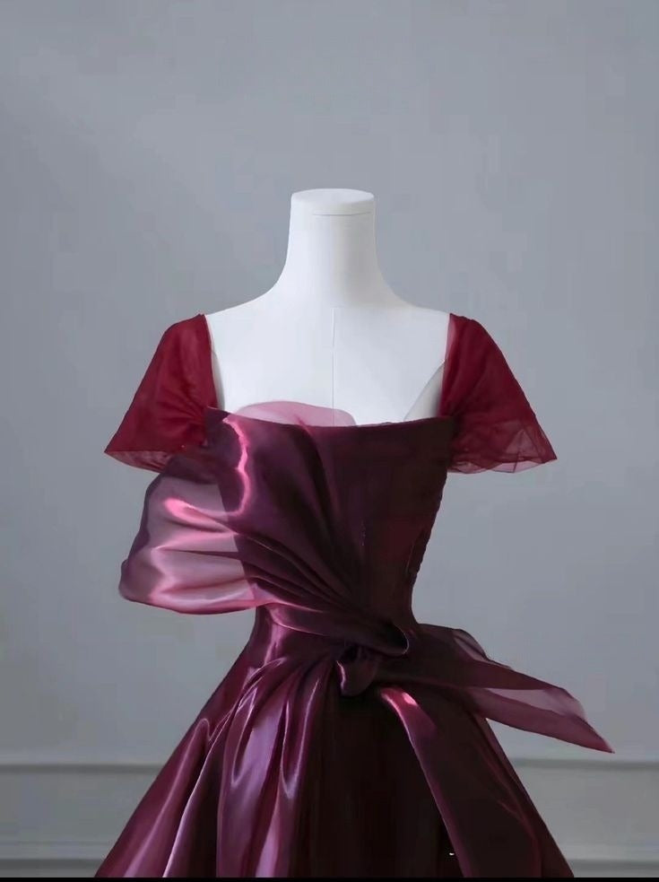 Elegant Burgundy A-Line Satin Long Formal Prom Dress Party Gown, D688