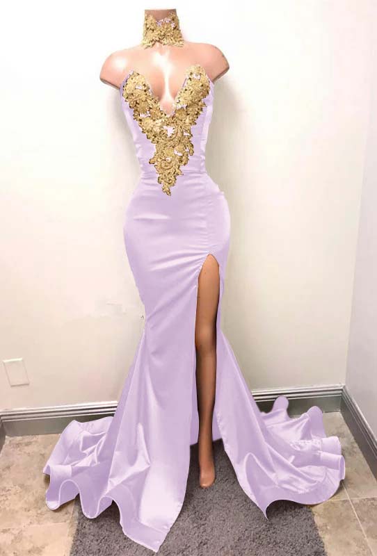 Mermaid Burgundy V-Neck Prom Dress Split With Lace Appliques