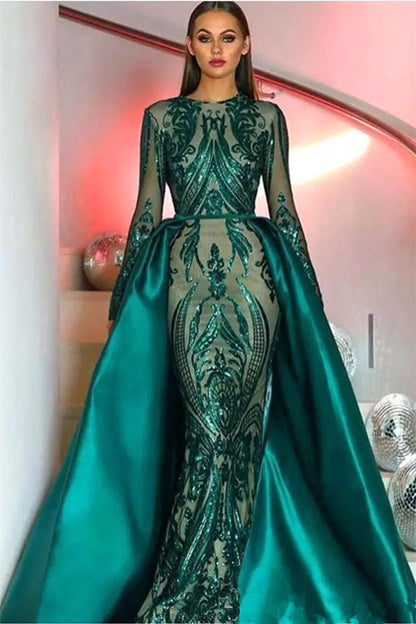 Emerald Green Long Sleeves Mermaid Sequins Prom Dress Long