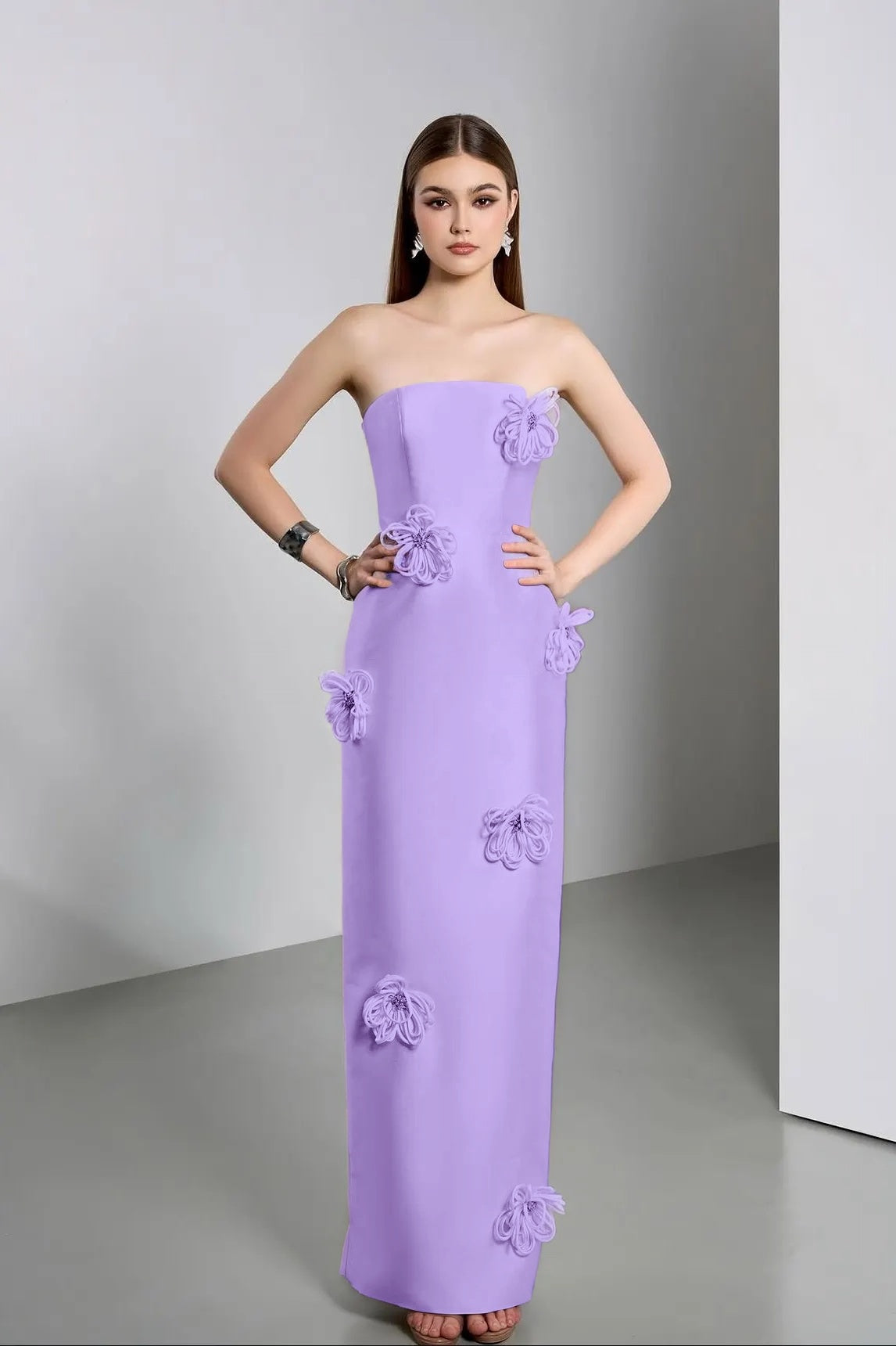 Elegant Ivory Strapless Evening Dress Column Floor Length in Satin with Flower