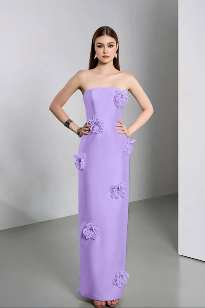 Elegant Ivory Strapless Evening Dress Column Floor Length in Satin with Flower