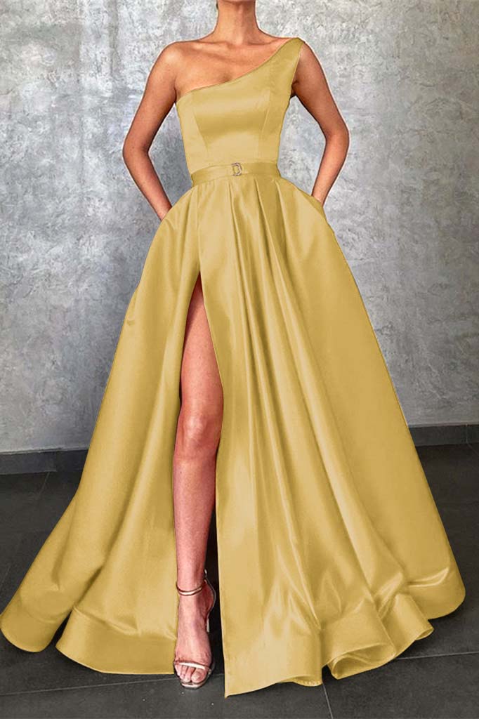 Glamorous One Shoulder Red Prom Dress Slit With Pockets
