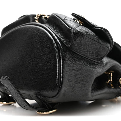 Shiny Caviar Quilted Small Duma Pockets Drawstring Backpack Black