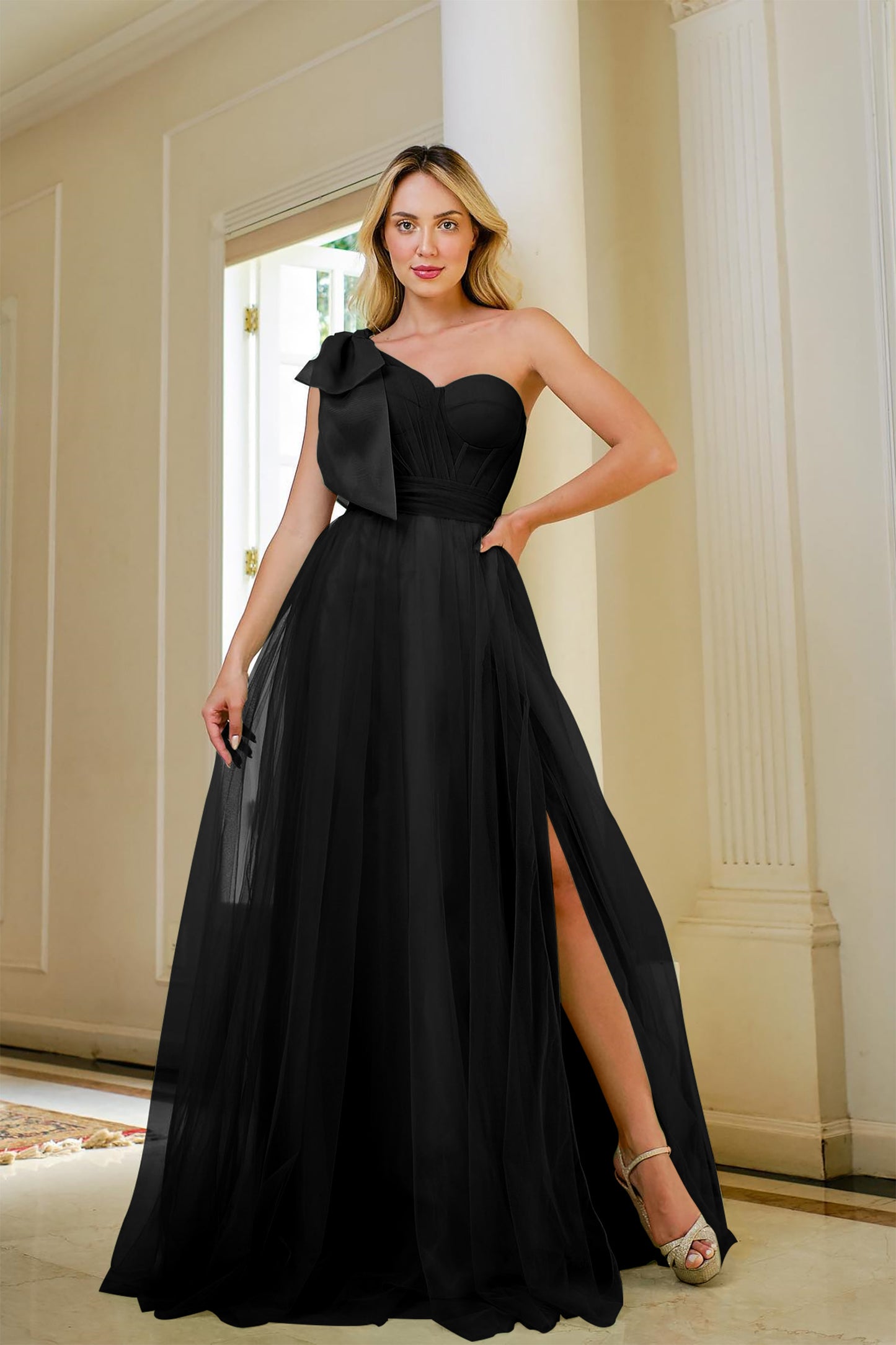 Sage Green One Shoulder Sweetheart Tulle Prom Dress With Slit