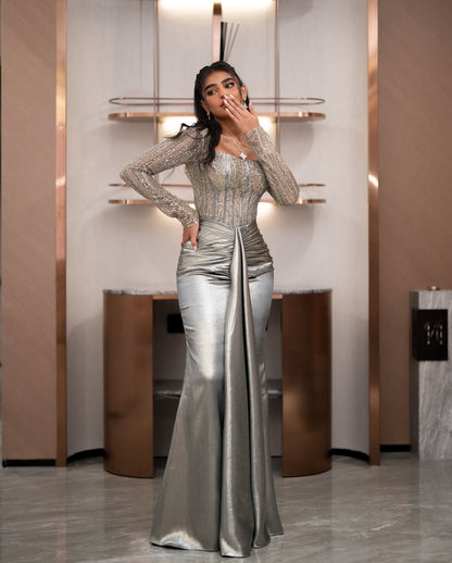 Exquisite Long Sleeves Beaded Sweetheart Pleated Prom Dress