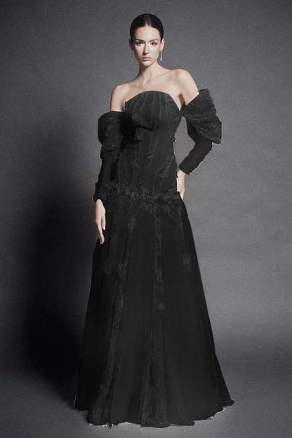 White Strapless Off-the-Shoulder A Line Evening Dress with Appliques