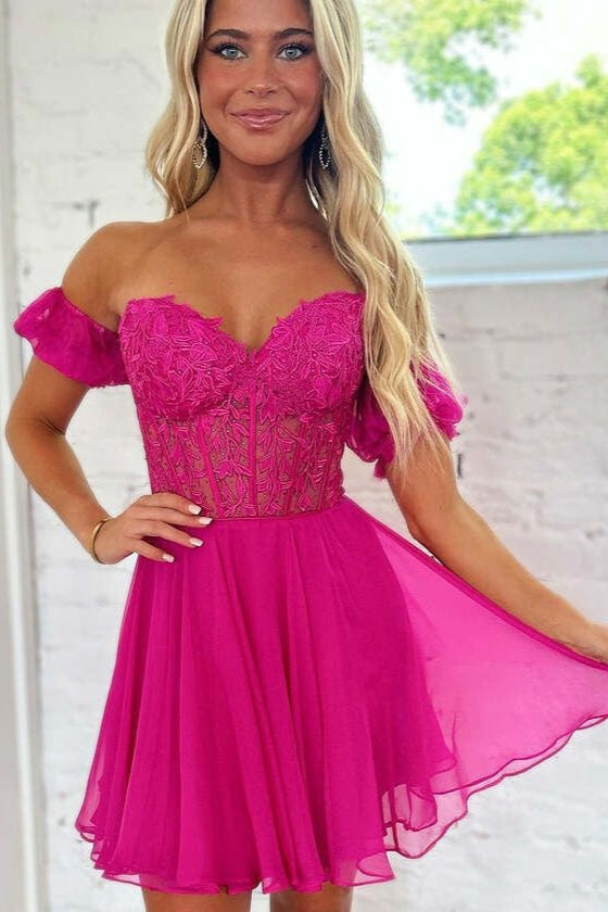 Lace Off the Shoulder A Line Homecoming Dress with Appliques