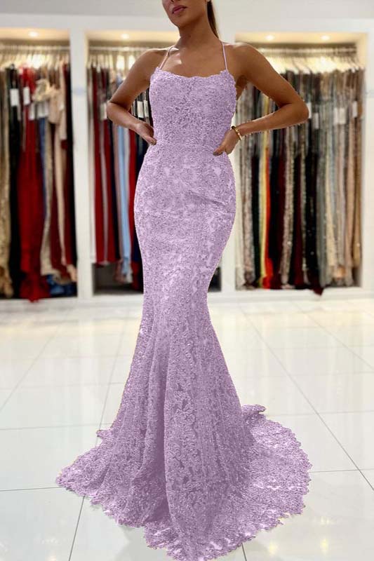Gold Appliques Long Halter Straps Mermaid Evening Dress