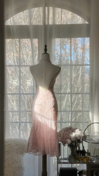 Cute Mermaid Halter Beaded Light Pink Chiffon Short Party Dress Evening Dress SH2782
