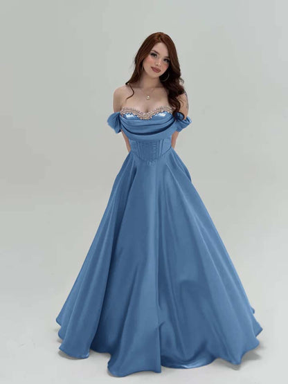 Elegant Off-The-Shoulder Beadings A-Line Pletaed Evening Dress