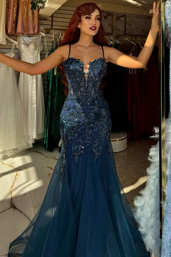 Sleeveless Spaghetti Straps Beads Embroidery Mermaid Prom Dress