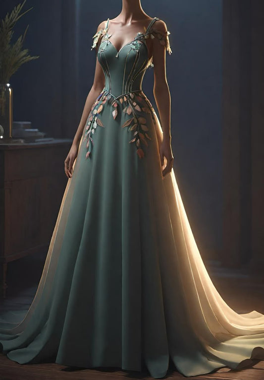 Elegant Green Straps A-Line Appliques Long Prom Dress Evening Gown, D715