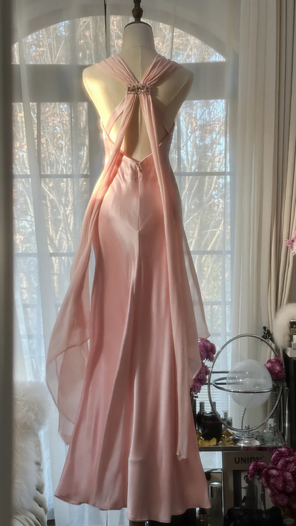 Elegant Pink V Neck Sheath Satin Vintage Long Party Dress Evening Gown, D730
